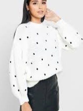 Topshop White Crewneck Sweater with Black Polka Dots